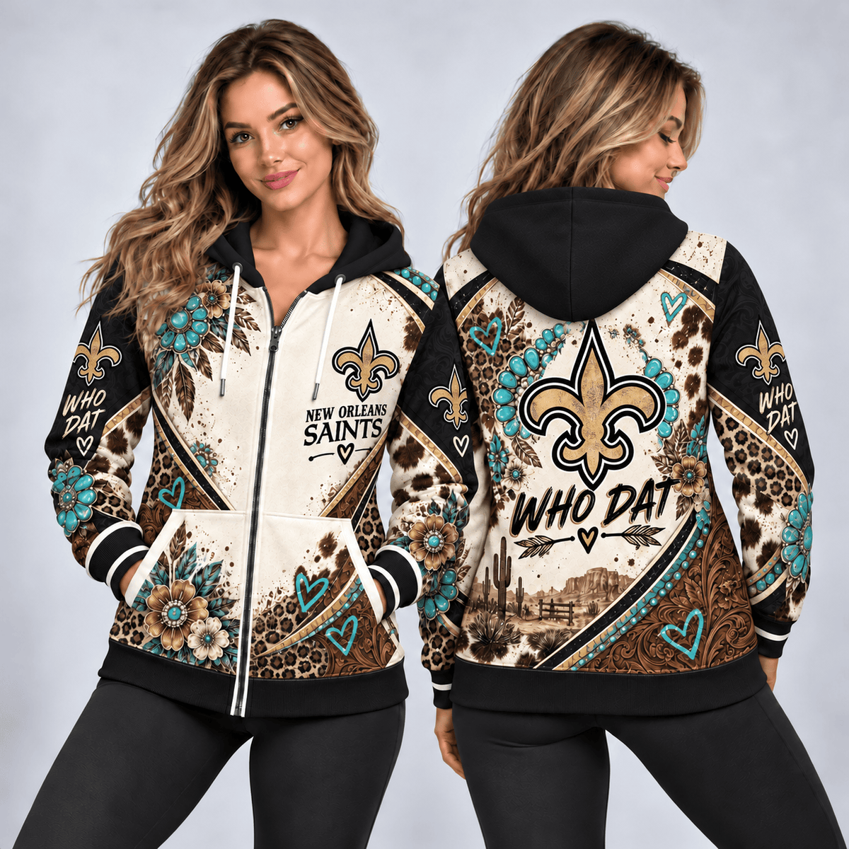 New Orleans Saints Western Boho Zip Hoodie