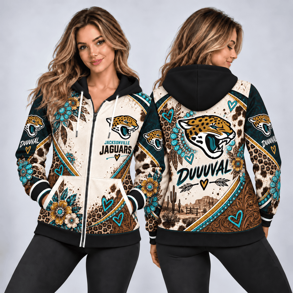 Jacksonville Jaguars Western Boho Zip Hoodie