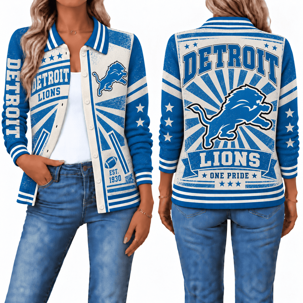 Detroit Lions Retro Woman Collar Cardigan
