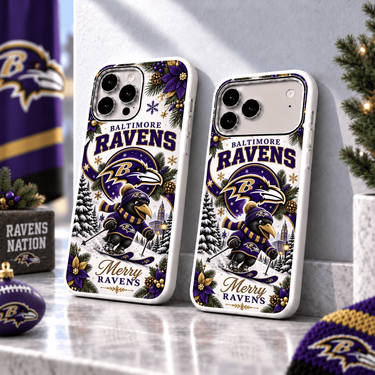 Baltimore Ravens Christmas Skiing Mascot Phone Case – Merry Christmas Gift for Fans