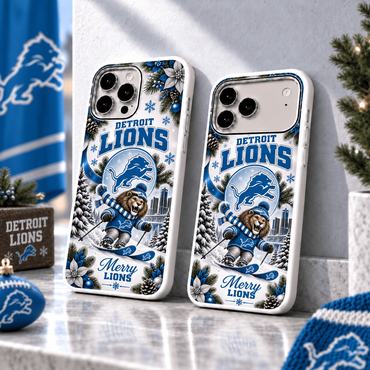 Detroit Lions Christmas Skiing Mascot Phone Case – Merry Christmas Gift for Fans