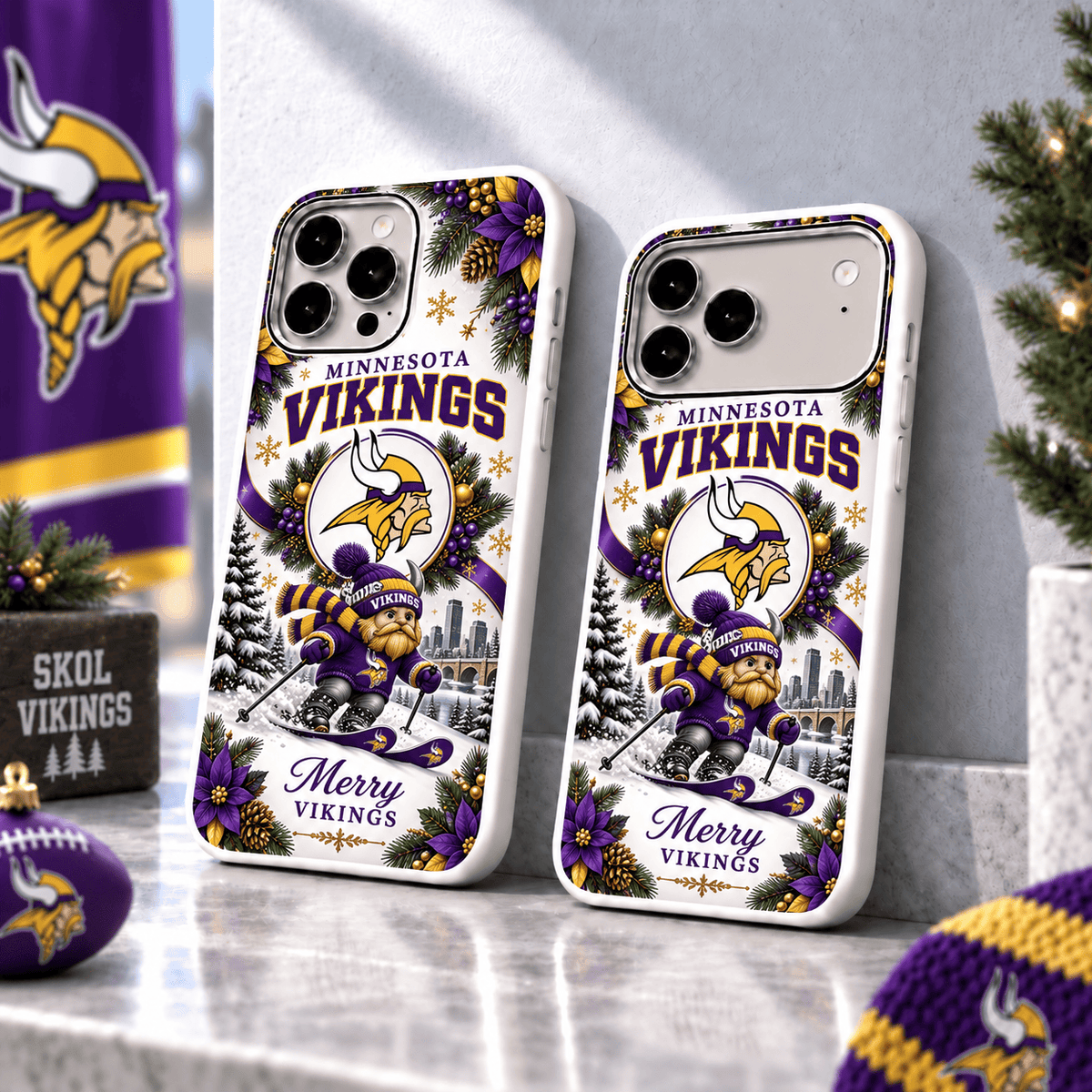 Minnesota Vikings Christmas Skiing Mascot Phone Case – Merry Christmas Gift for Fans