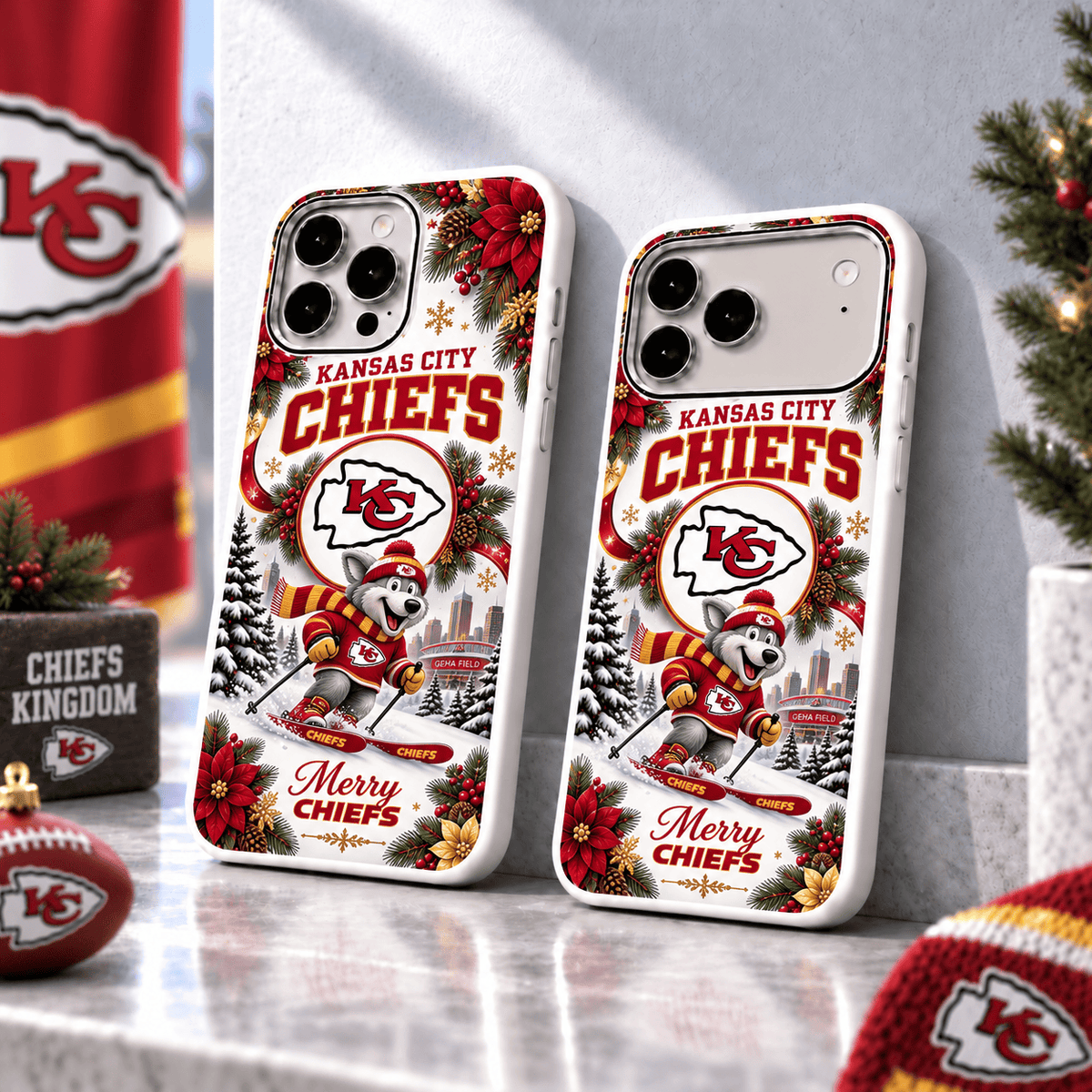 Kansas City Chiefs Christmas Skiing Mascot Phone Case – Merry Christmas Gift for Fans
