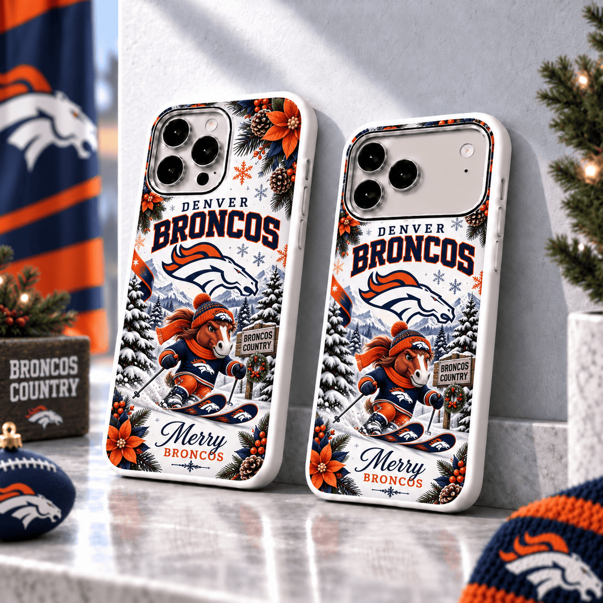 Denver Broncos Christmas Skiing Mascot Phone Case – Merry Christmas Gift for Fans