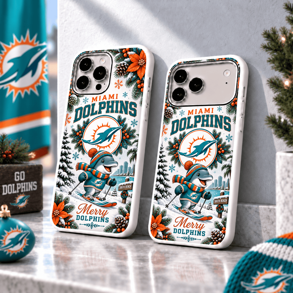 Miami Dolphins Christmas Skiing Mascot Phone Case – Merry Christmas Gift for Fans
