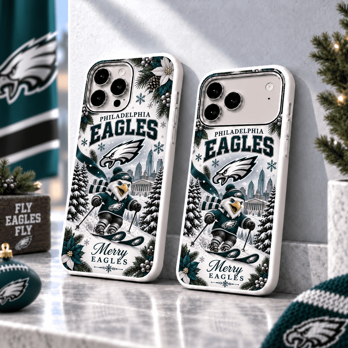 Philadelphia Eagles Christmas Skiing Mascot Phone Case – Merry Christmas Gift for Fans