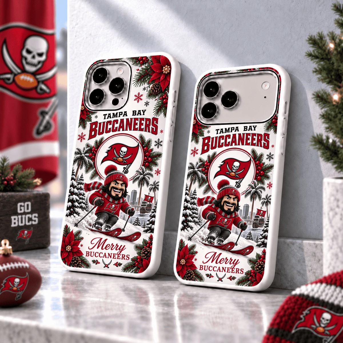Tampa Bay Buccaneers Christmas Skiing Mascot Phone Case – Merry Christmas Gift for Fans
