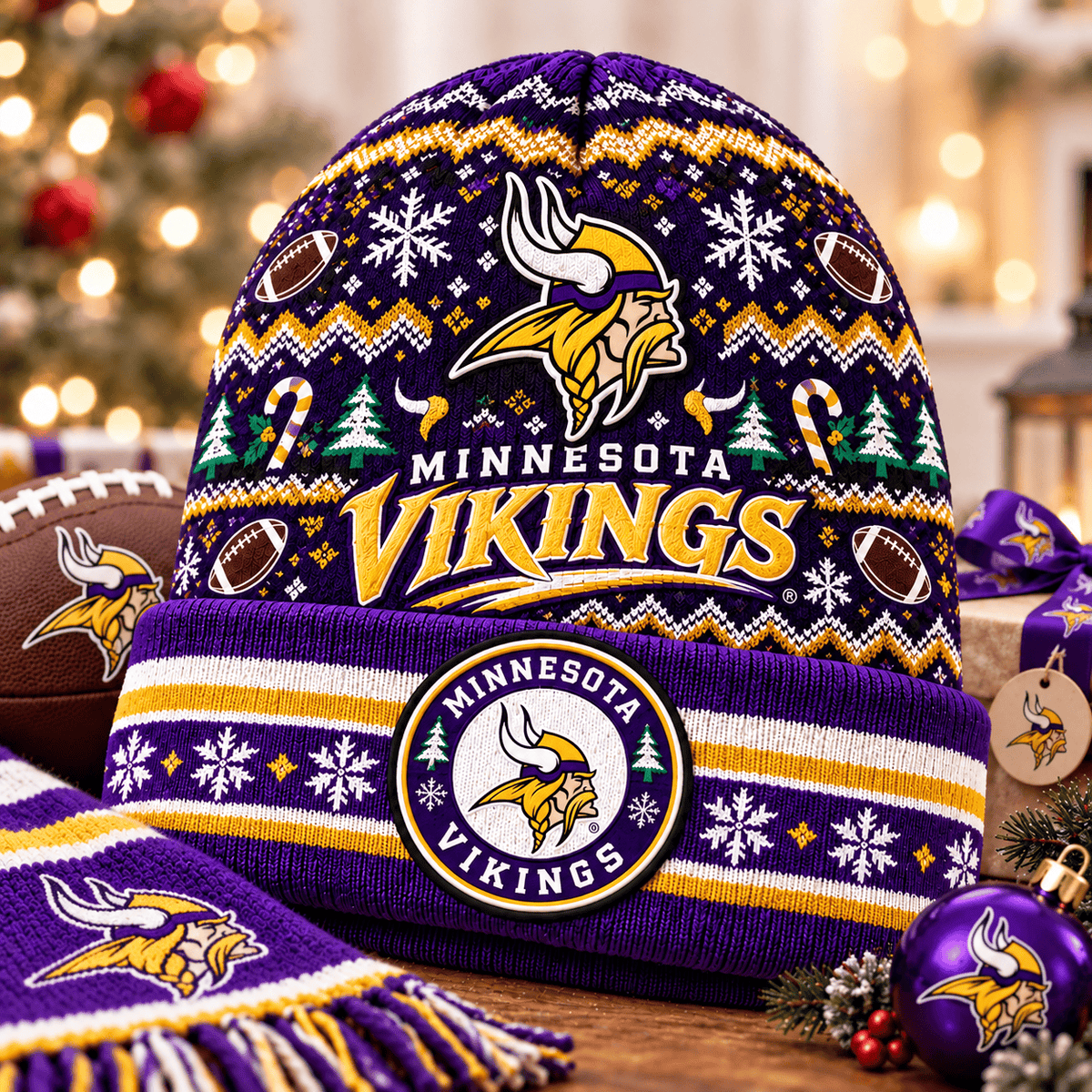 Minnesota Vikings Premium Christmas Beanie Hat – Merry Christmas Gift for Fans