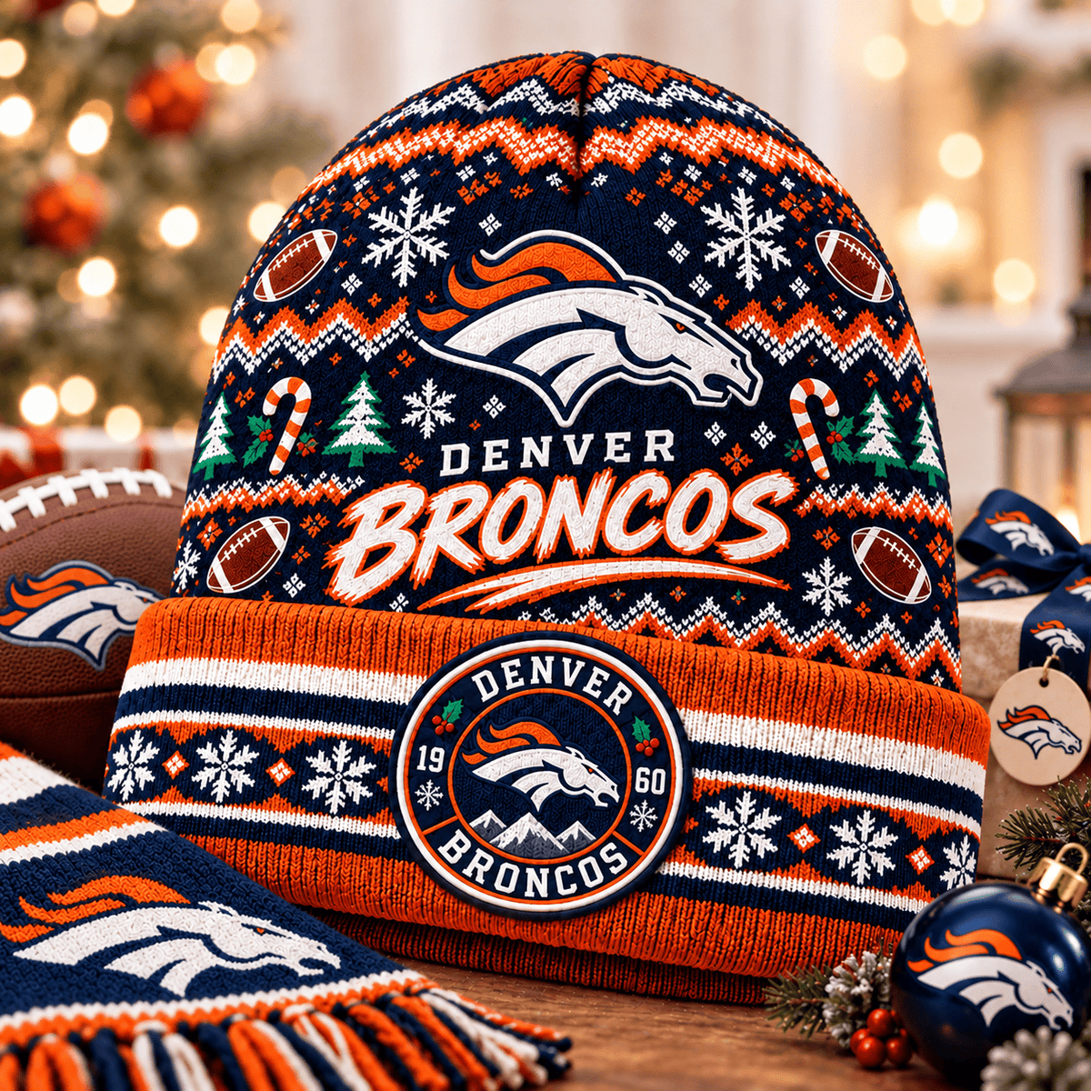 Denver Broncos Premium Christmas Beanie Hat – Merry Christmas Gift for Fans