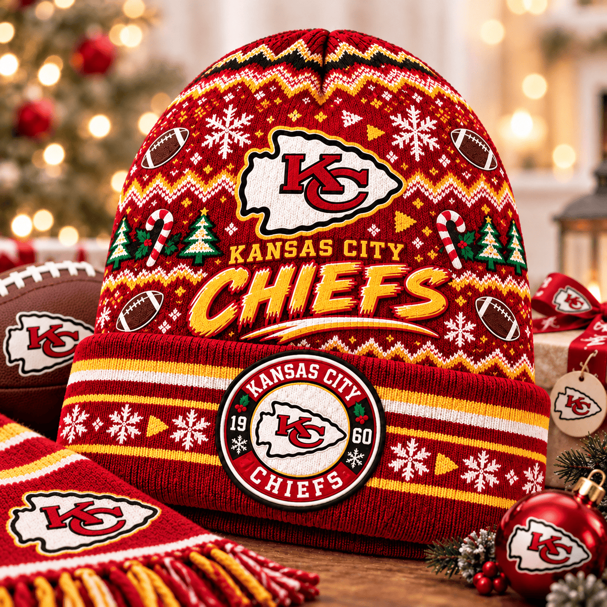 Kansas City Chiefs Premium Christmas Beanie Hat – Merry Christmas Gift for Fans