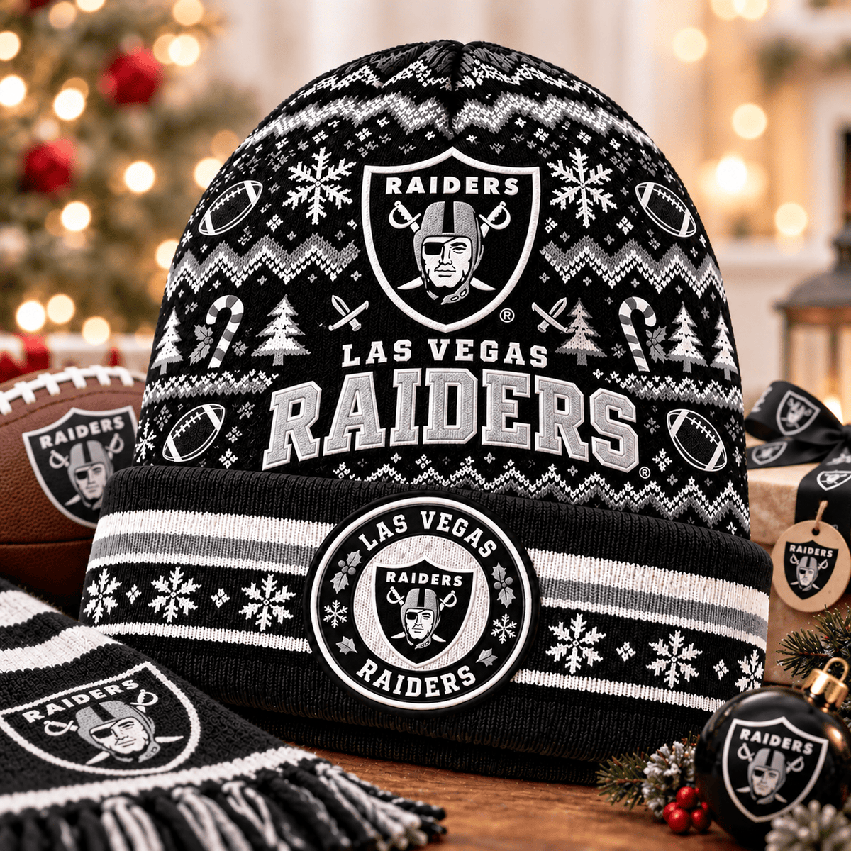 Las Vegas Raiders Premium Christmas Beanie Hat – Merry Christmas Gift for Fans
