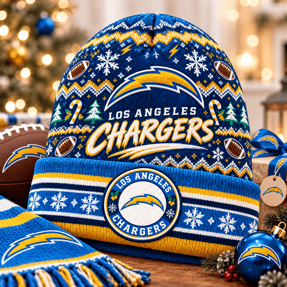 Los Angeles Chargers Premium Christmas Beanie Hat – Merry Christmas Gift for Fans