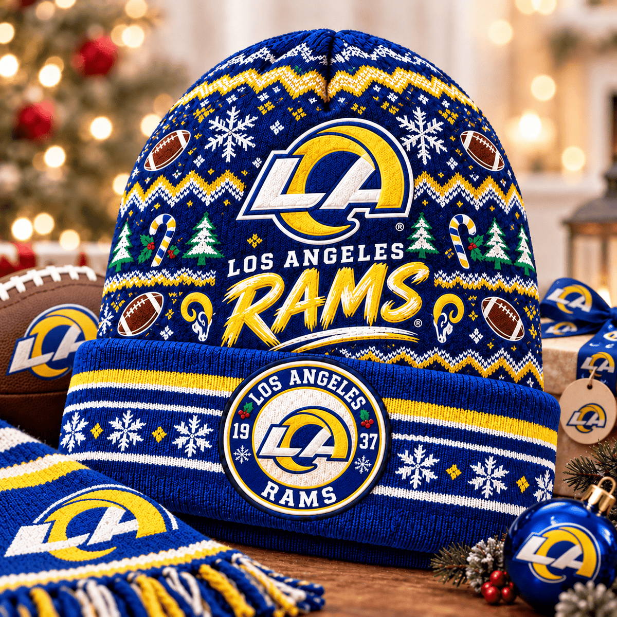 Los Angeles Rams Premium Christmas Beanie Hat – Merry Christmas Gift for Fans
