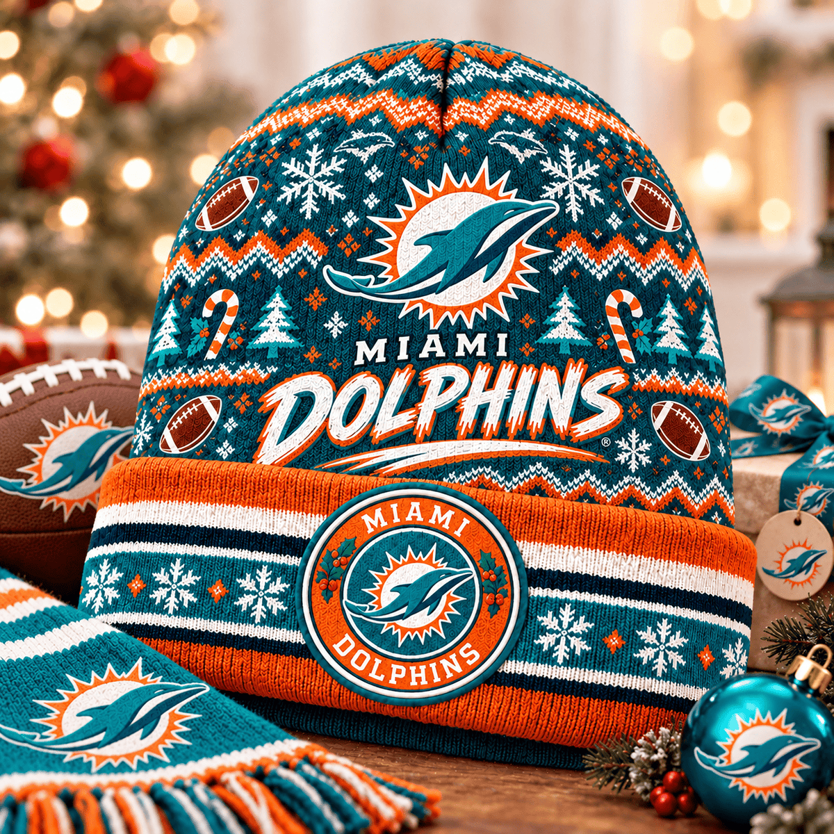 Miami Dolphins Premium Christmas Beanie Hat – Merry Christmas Gift for Fans