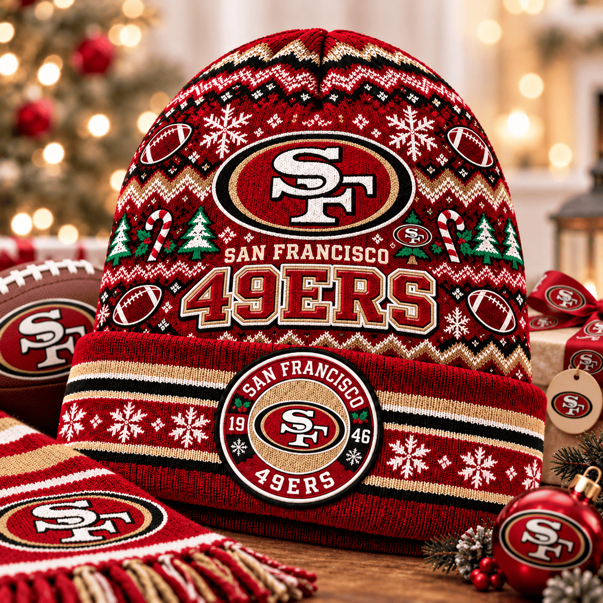 San Francisco 49ers Premium Christmas Beanie Hat – Merry Christmas Gift for Fans