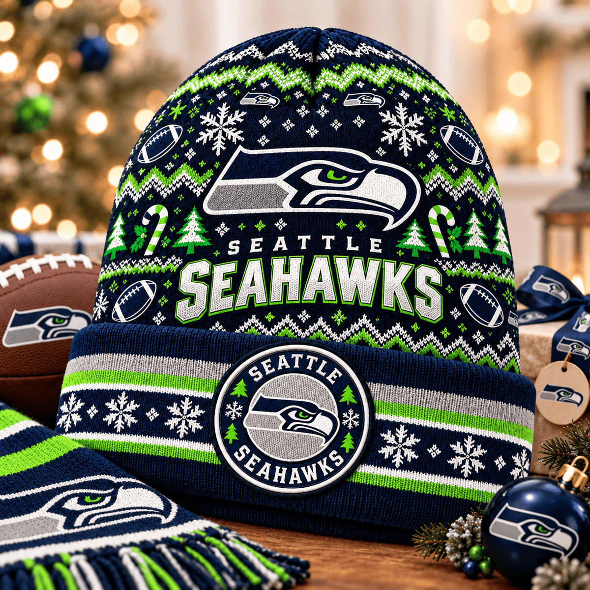 Seattle Seahawks Premium Christmas Beanie Hat – Merry Christmas Gift for Fans