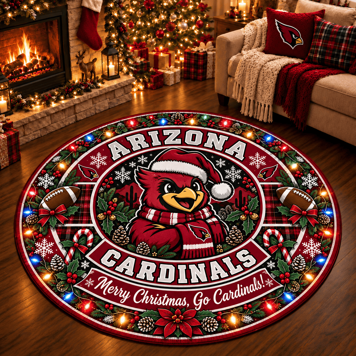 Arizona Cardinals Premium Christmas Round Rug – Merry Christmas Gift for Fans