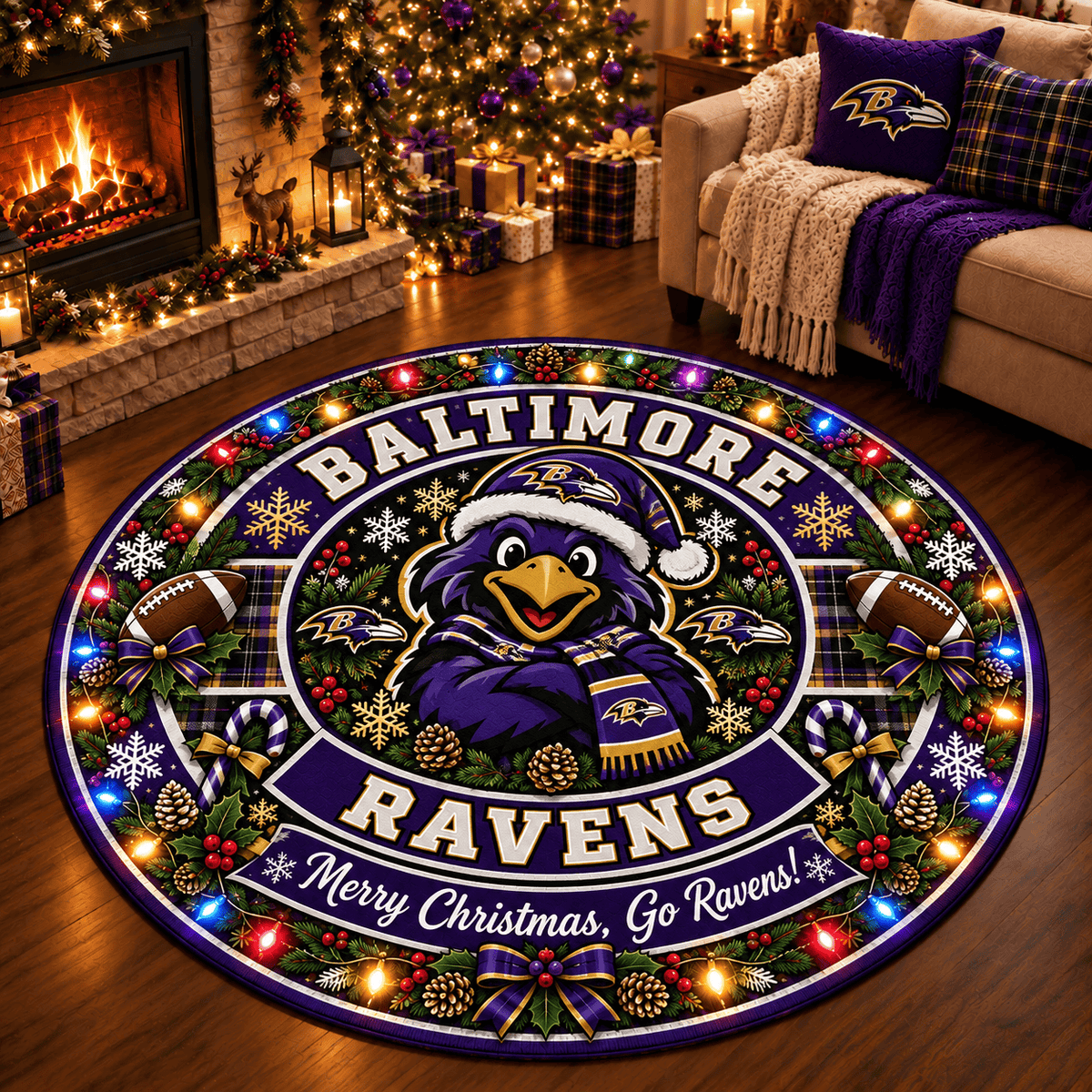 Baltimore Ravens Premium Christmas Round Rug – Merry Christmas Gift for Fans