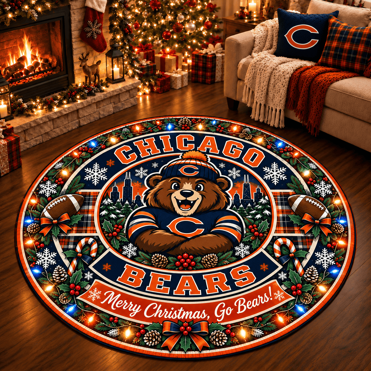 Chicago Bears Premium Christmas Round Rug – Merry Christmas Gift for Fans