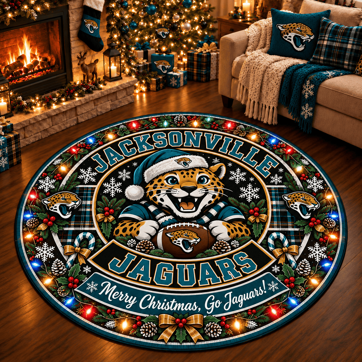 Jacksonville Jaguars Premium Christmas Round Rug – Merry Christmas Gift for Fans