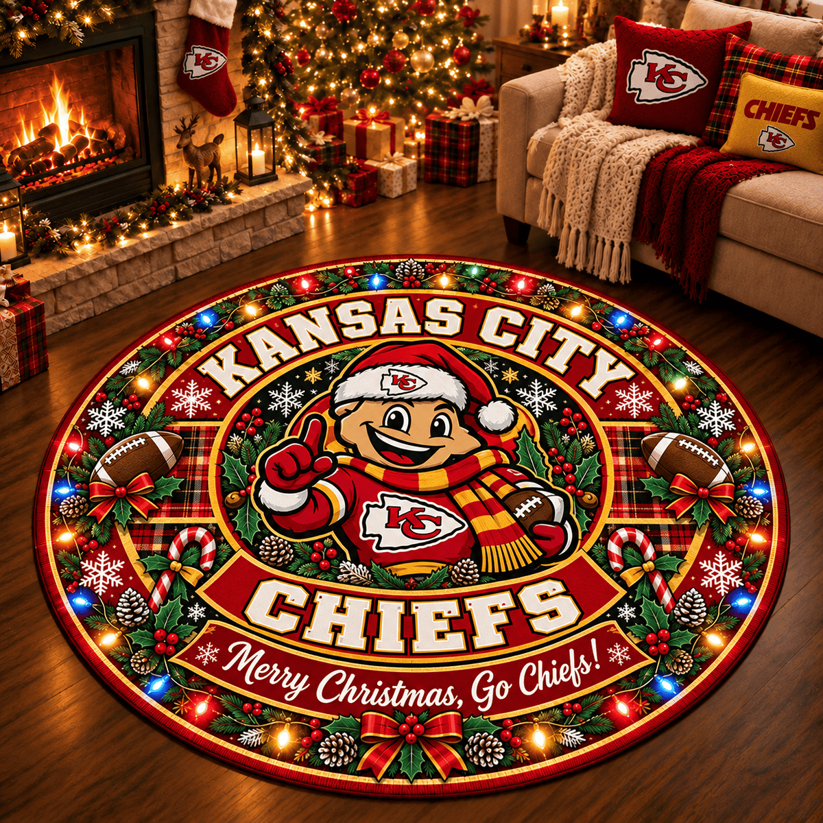 Kansas City Chiefs Premium Christmas Round Rug – Merry Christmas Gift for Fans