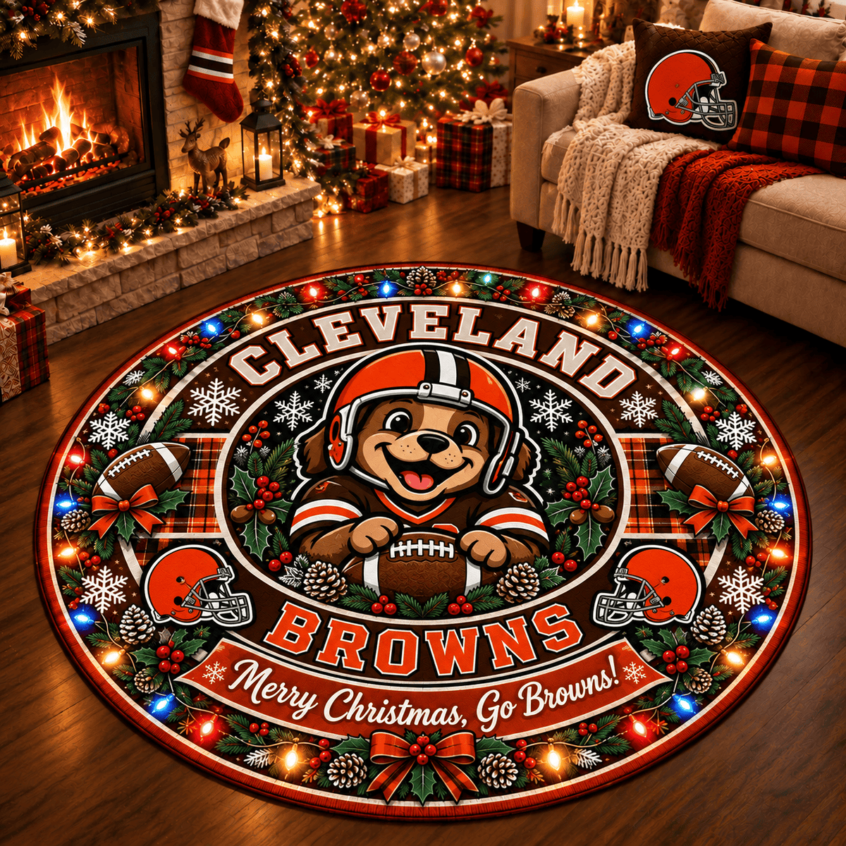 Cleveland Browns Premium Christmas Round Rug – Merry Christmas Gift for Fans