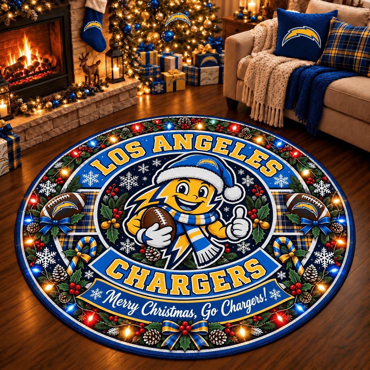 Los Angeles Chargers Premium Christmas Round Rug – Merry Christmas Gift for Fans