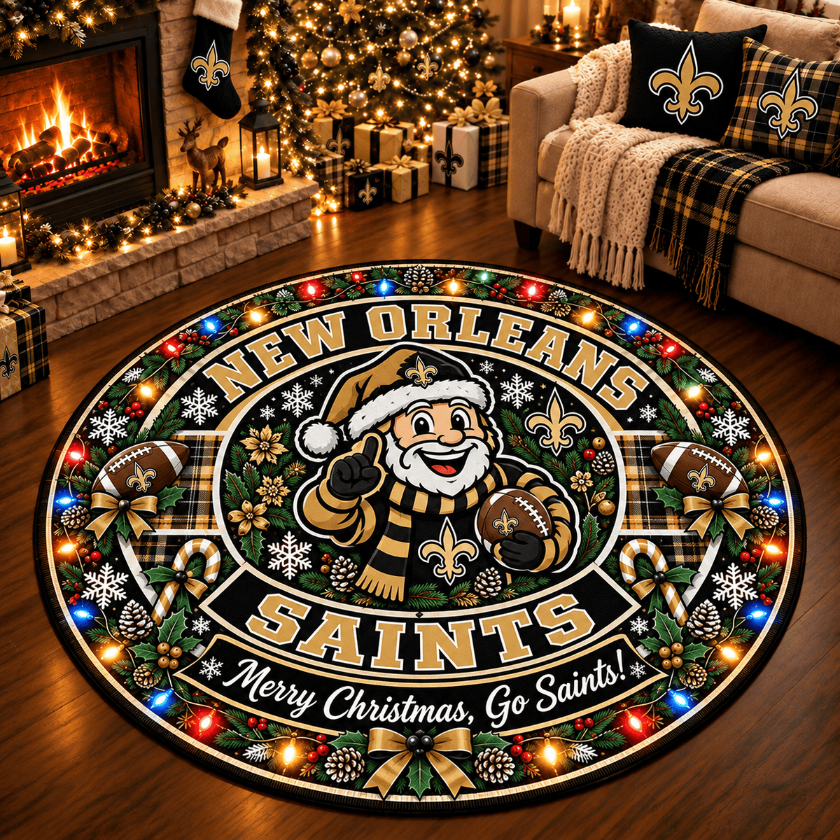 New Orleans Saints Premium Christmas Round Rug – Merry Christmas Gift for Fans