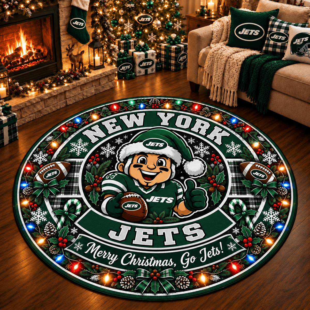 New York Jets Premium Christmas Round Rug – Merry Christmas Gift for Fans