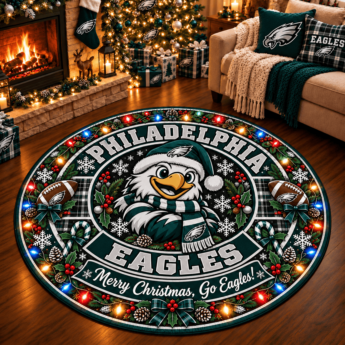 Philadelphia Eagles Premium Christmas Round Rug – Merry Christmas Gift for Fans
