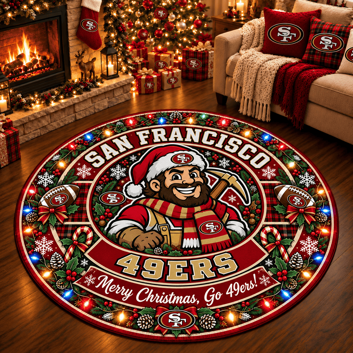 San Francisco 49ers Premium Christmas Round Rug – Merry Christmas Gift for Fans