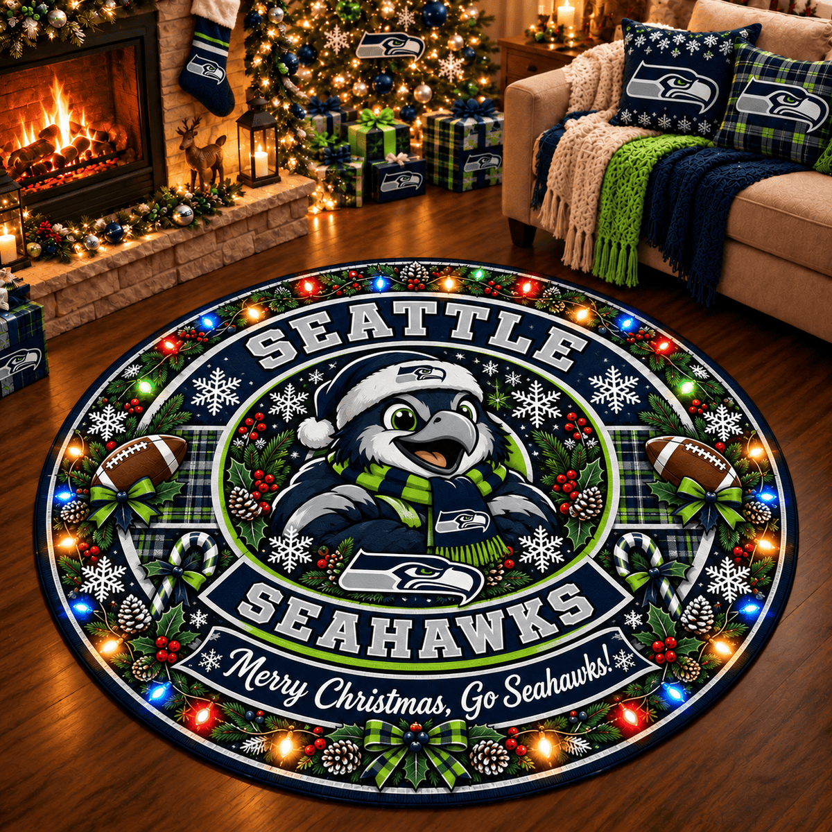 Seattle Seahawks Premium Christmas Round Rug – Merry Christmas Gift for Fans