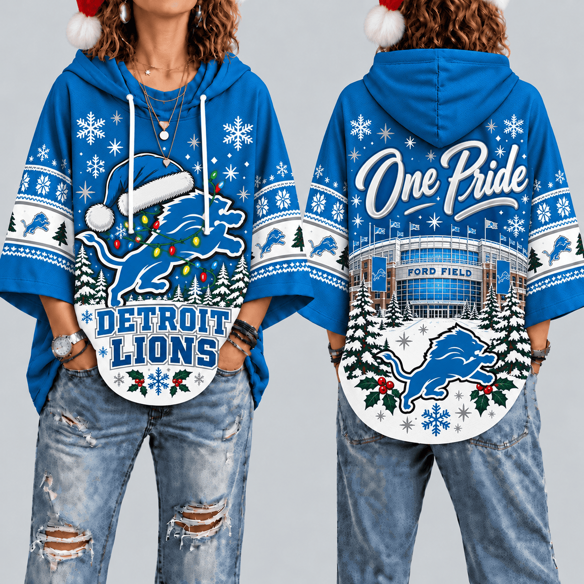 Detroit Lions Premium Christmas Women’s Hooded Poncho Top – Gift for Fans