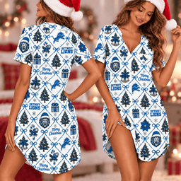 Detroit Lions Retro Christmas Women Pajamas Dress