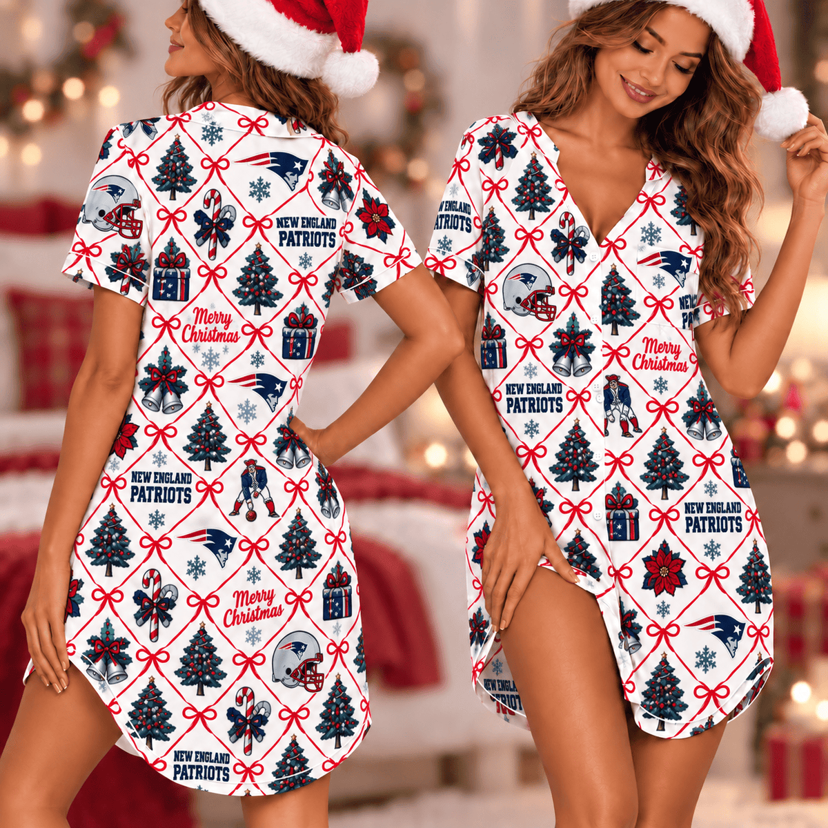 New England Patriots Retro Christmas Women Pajamas Dress