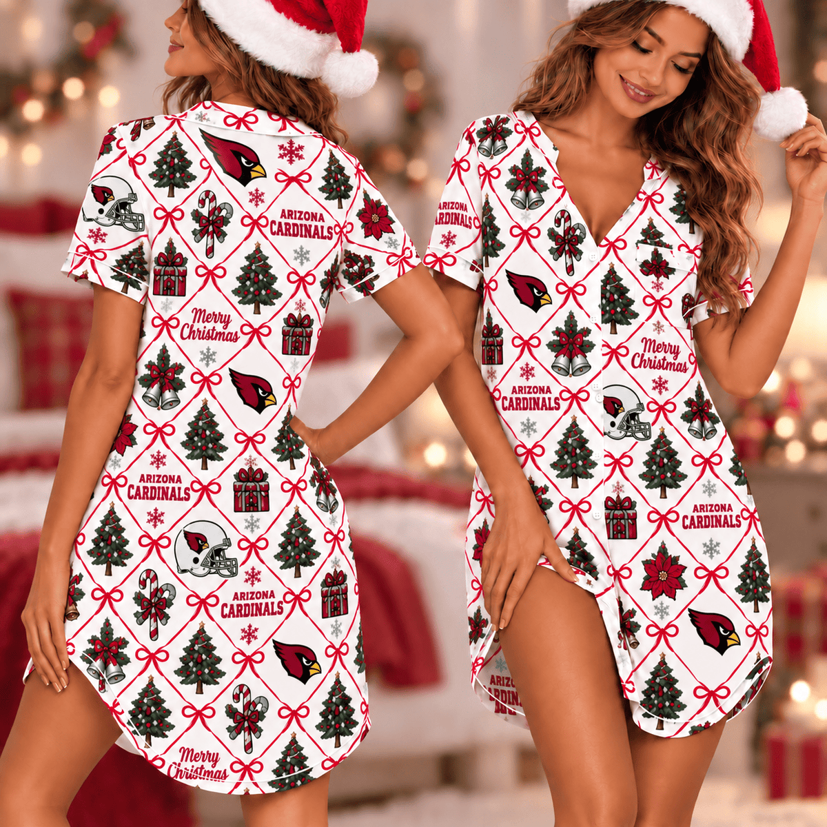 Arizona Cardinals Retro Christmas Women Pajamas Dress
