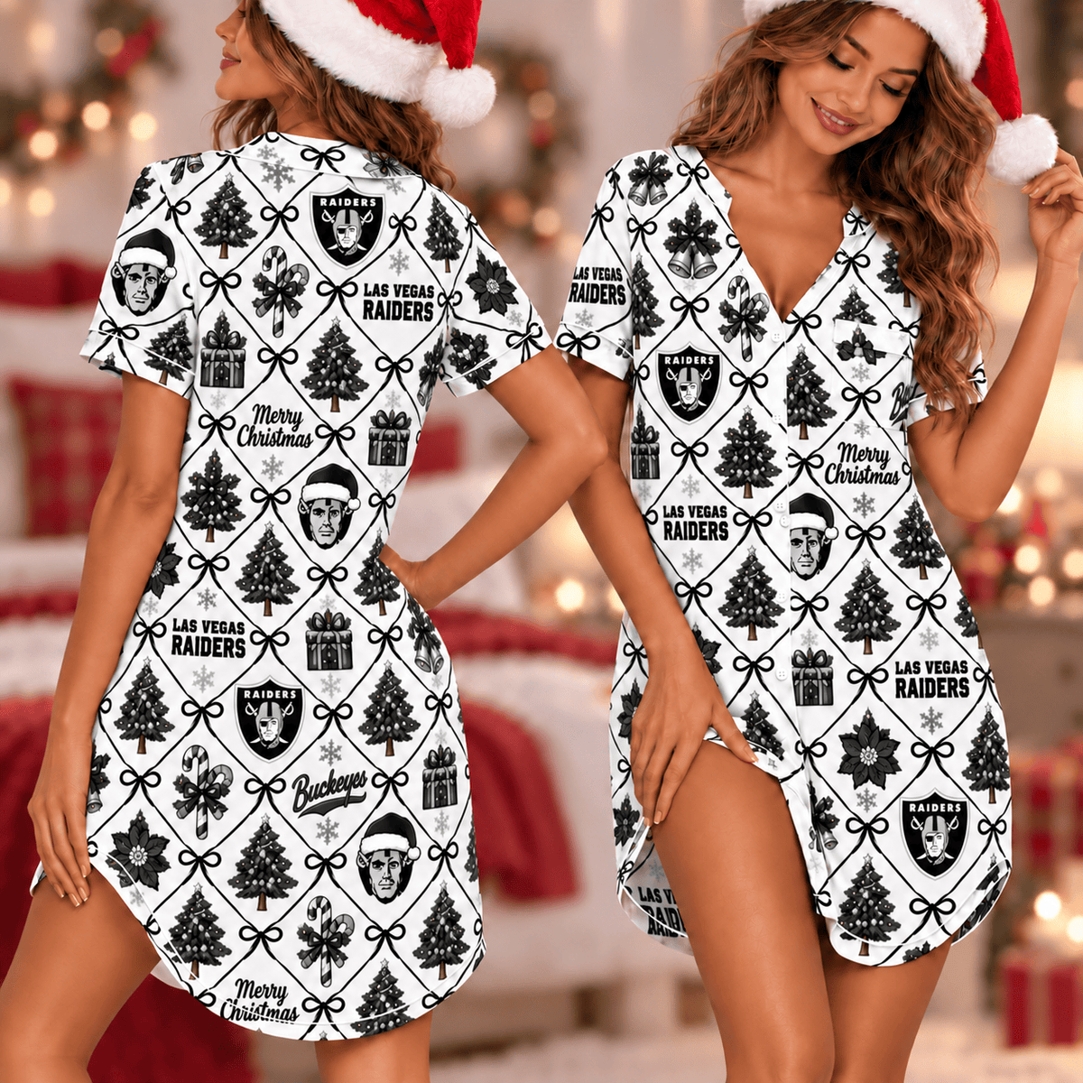 Las Vegas Raiders Retro Christmas Women Pajamas Dress