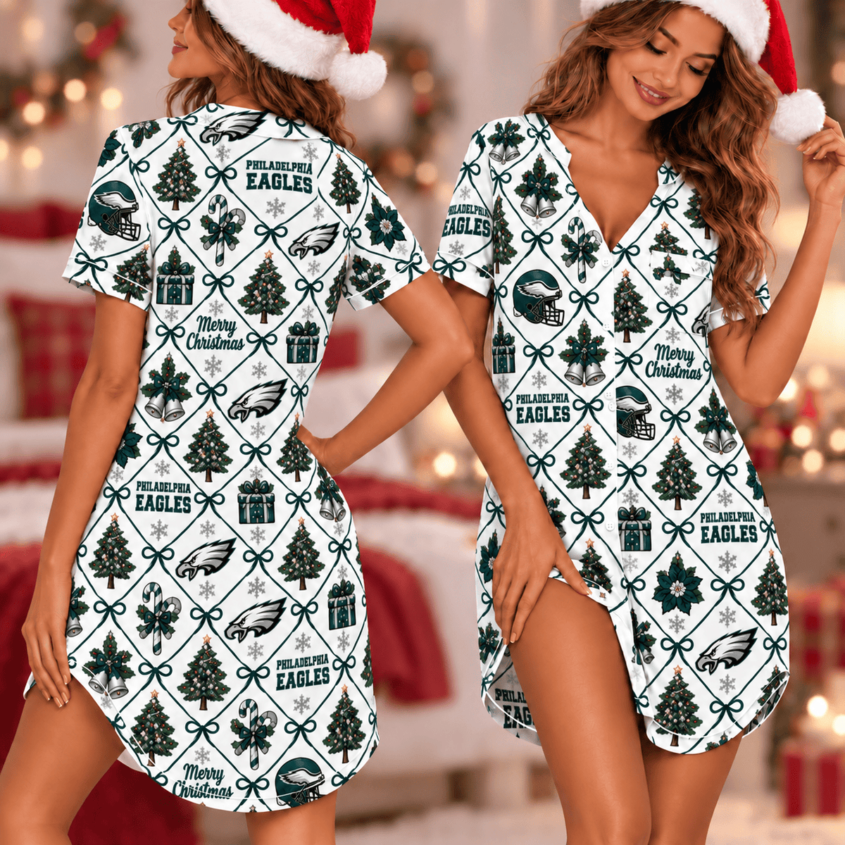 Philadelphia Eagles Retro Christmas Women Pajamas Dress