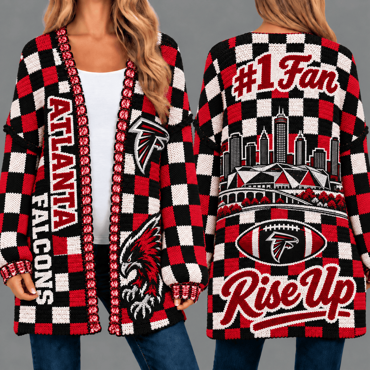 Atlanta Falcons Football Checkered Knitted Cardigan