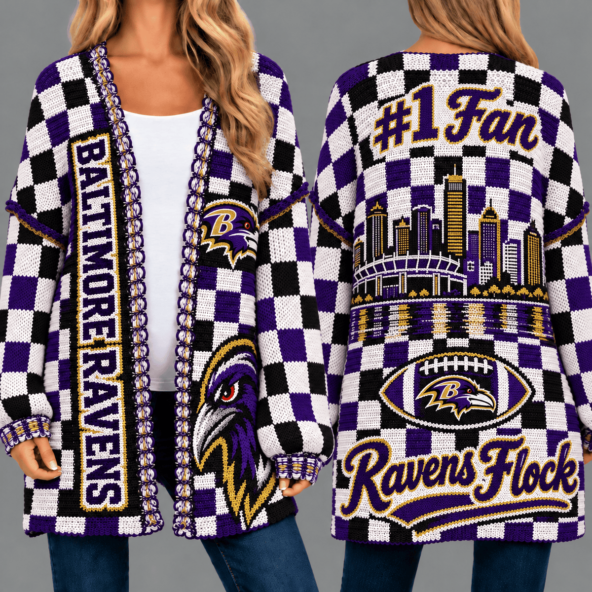 Baltimore Ravens Football Checkered Knitted Cardigan