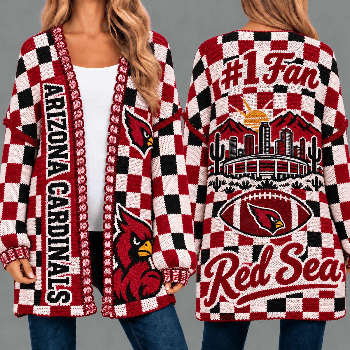 Arizona Cardinals Football Checkered Knitted Cardigan