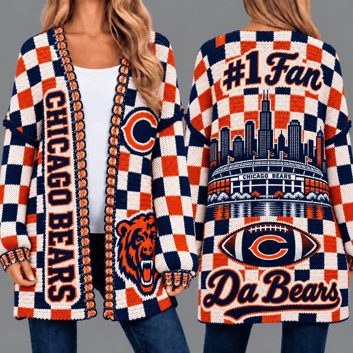 Chicago Bears Football Checkered Knitted Cardigan
