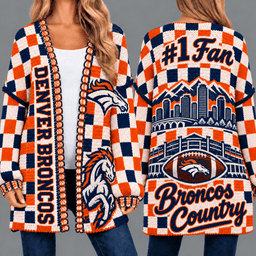 Denver Broncos Football Checkered Knitted Cardigan