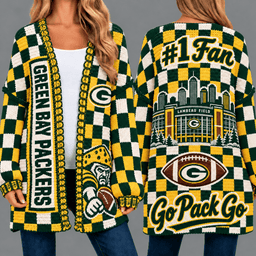 Green Bay Packers Football Checkered Knitted Cardigan