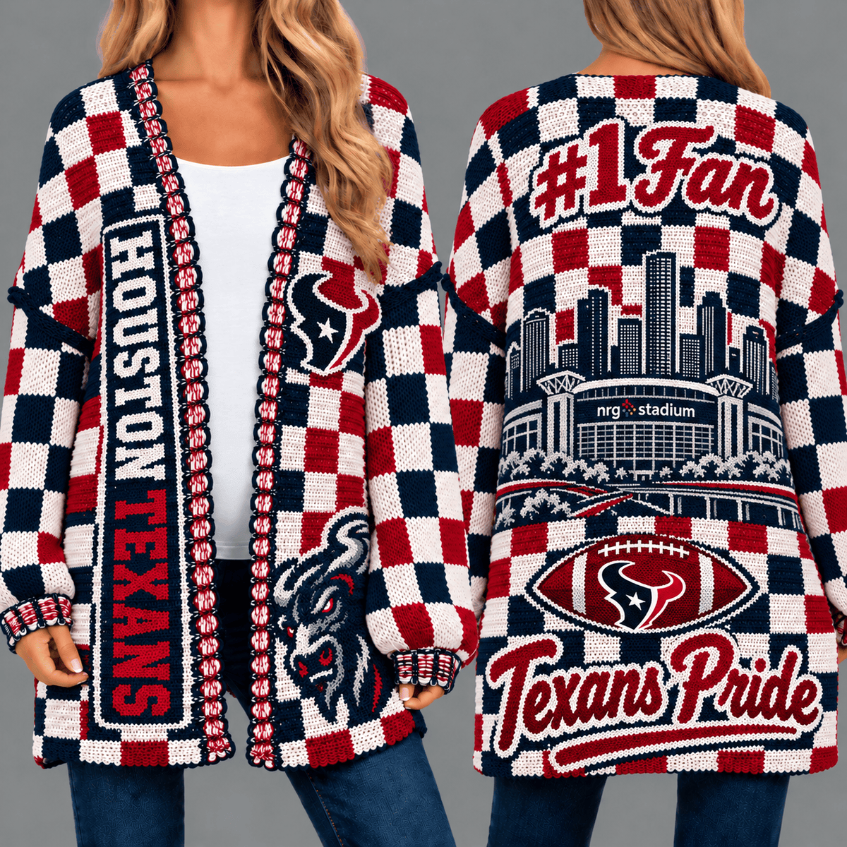 Houston Texans Football Checkered Knitted Cardigan
