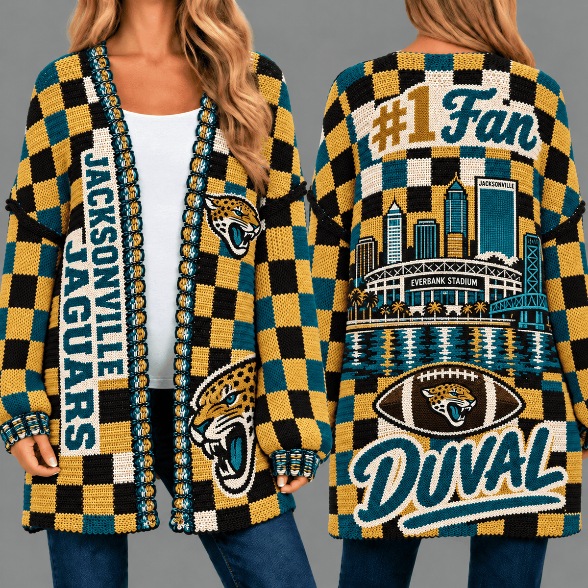 Jacksonville Jaguars Football Checkered Knitted Cardigan