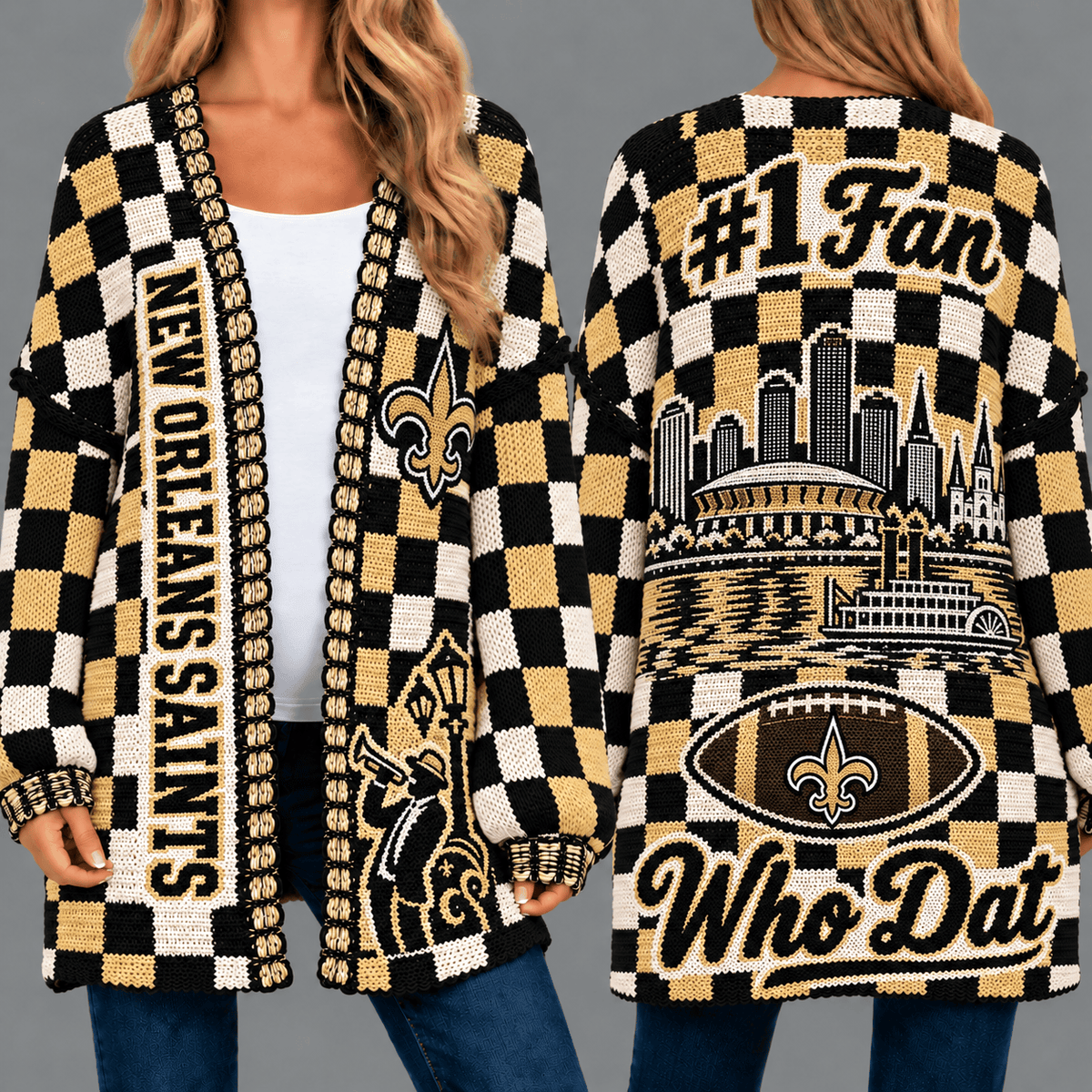 New Orleans Saints Football Checkered Knitted Cardigan