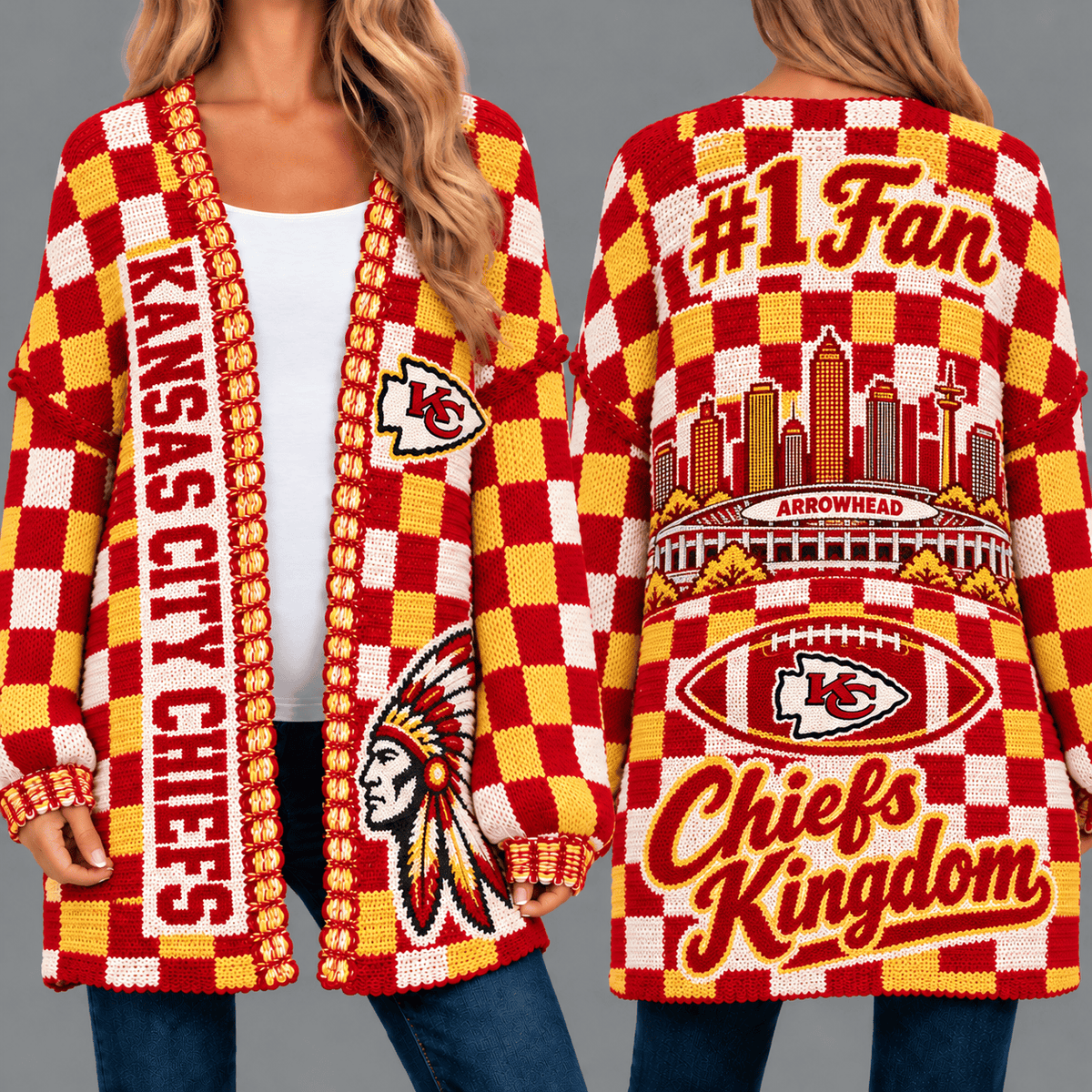 Kansas City Chiefs Football Checkered Knitted Cardigan