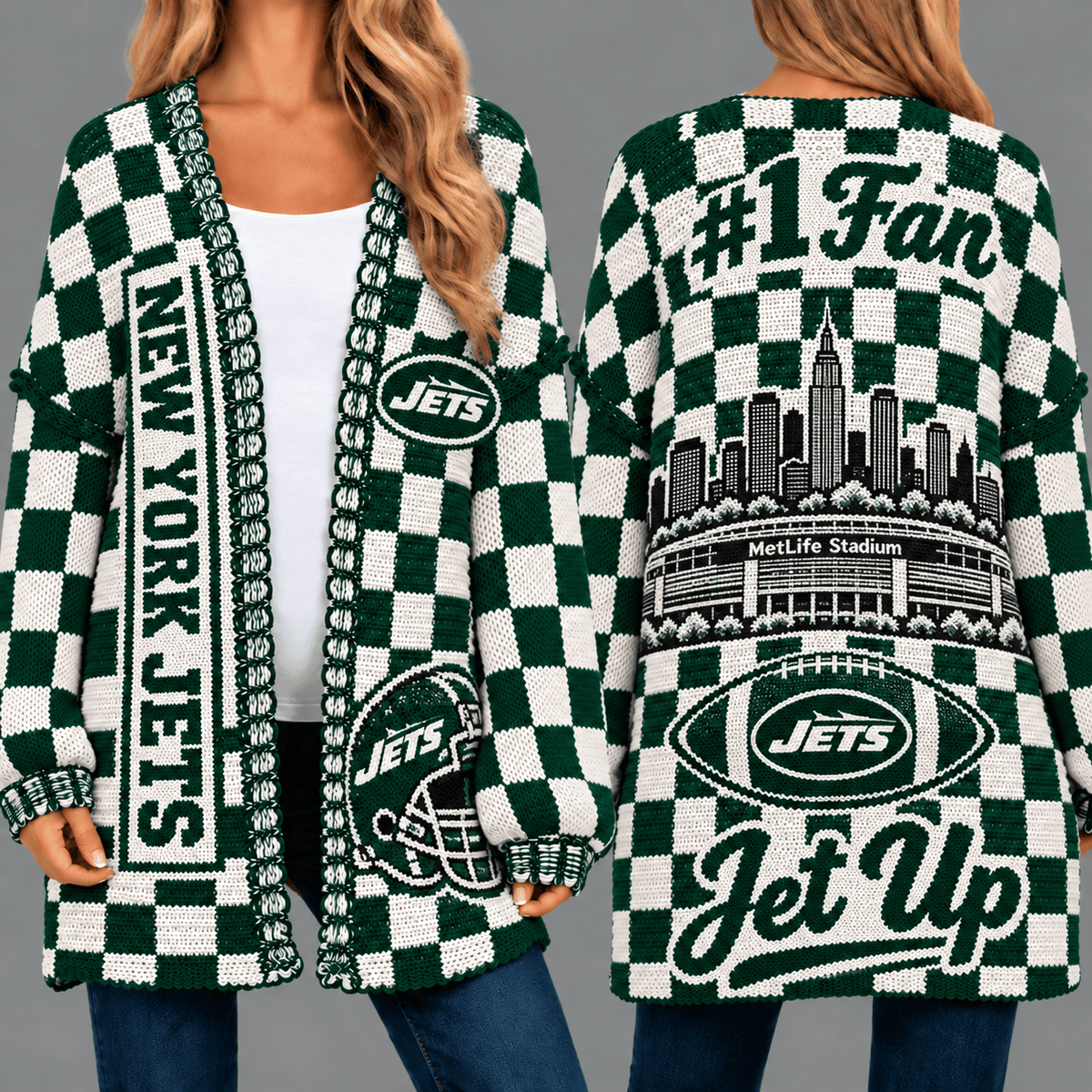 New York Jets Football Checkered Knitted Cardigan