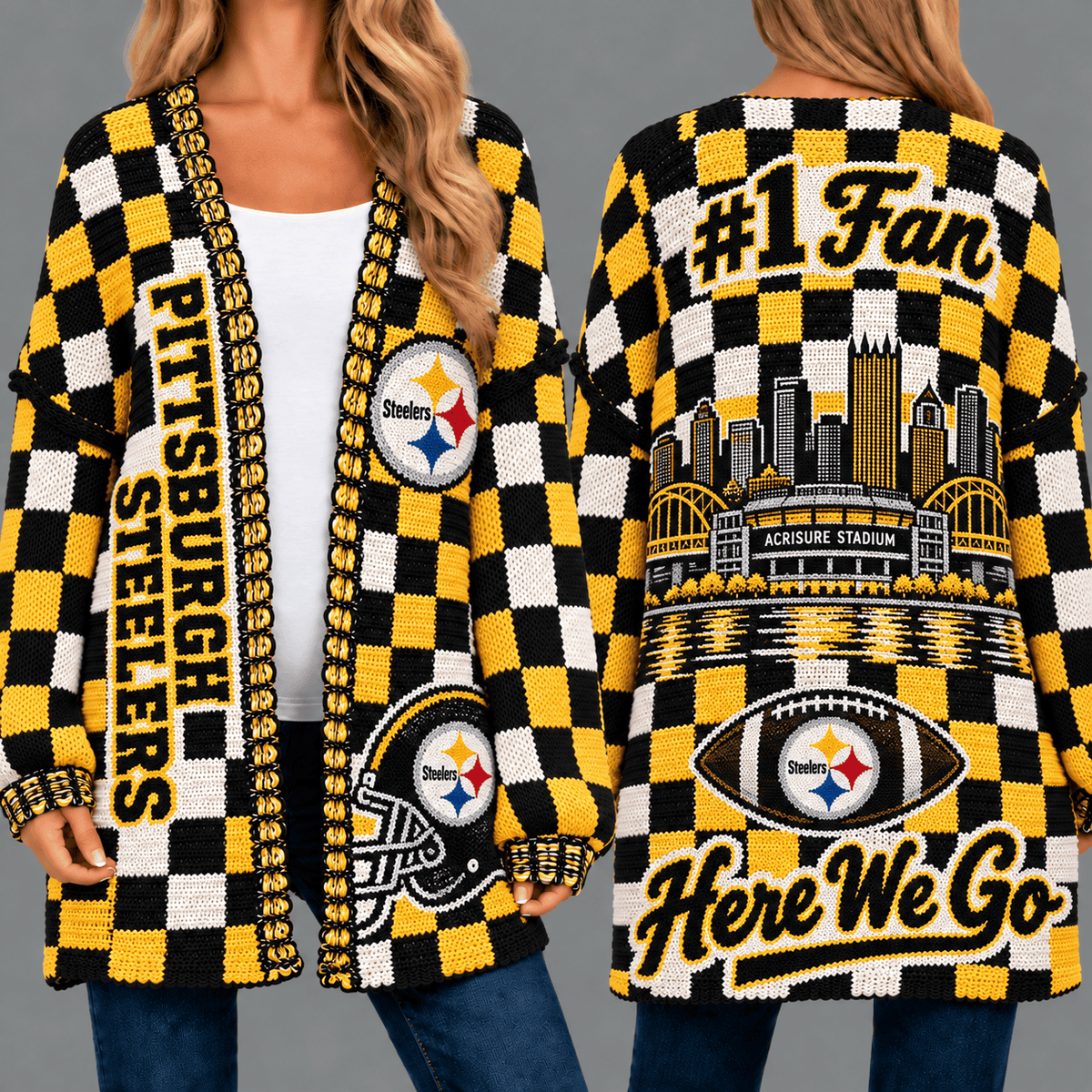 Pittsburgh Steelers Football Checkered Knitted Cardigan